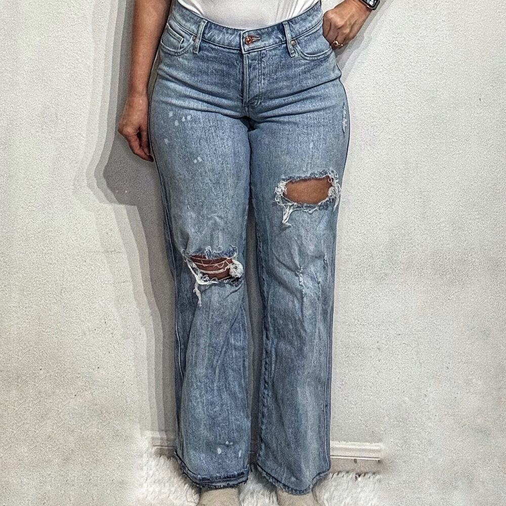 Express Blue Distressed Relaxed Straight Low Rise Jeans Sz 6R